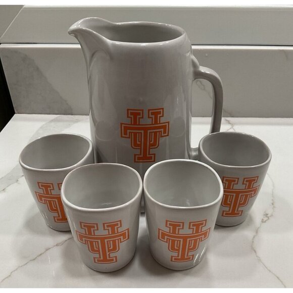 Frankoma Pottery Rare University of Texas Water Pitcher and 4 Cups - Picture 1 of 8